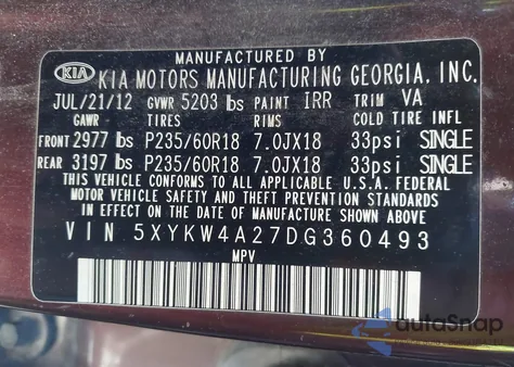 2013 Kia Sorento Sx z USA, uszkodzony, nr VIN 5XYKW4A27DG360493